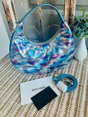 Brahmin Mindy Hobo Bag Iridescent Blue Metallic Snakeskin Leather + Strap